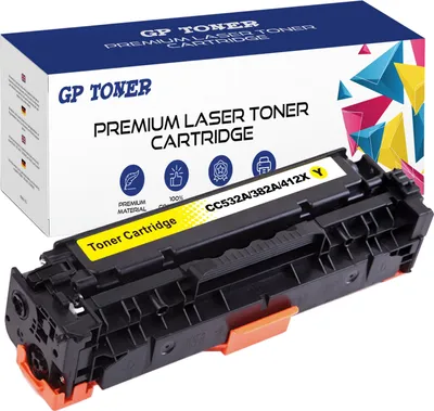 A yellow toner cartridge and its packaging.