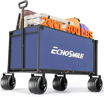 Productafbeelding van Vouwbare bollewagen, 200 liter, draagvermogen 180 kg, handwagen/transportwagen, inklapbaar met verstelbare handgreep, brede wielen geschikt voor elk terrein, strandwagen, tuinkar, boodschappenwagen, blauw