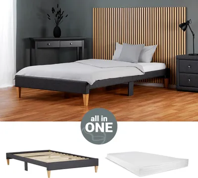 Produktbild von Homestyle4u 2630, Futonbett Polsterbett 90x200 Grau mit Matratze Lattenrost Einzelbett Futonbett Bett Bettgestell