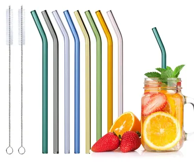 Productafbeelding van Herbruikbare Glazen Drinkstrohalen - 8 Kleurrijke Rietjes met 2 Schoonmaakborstels voor Dranken