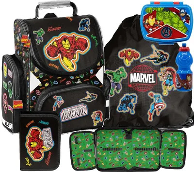 Immagine prodotto di Zaino scolastico AVENGERS, ergonomico, set da 5 pezzi, zaino per studenti, zaino a zaino, zaino scolastico IRON MAN MARVEL, per ragazzi