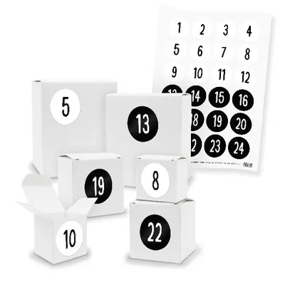 Produktbild von Adventskalender zum Füllen 24x Quader Würfel gemischt WEISS + Sticker (V01 Z33)