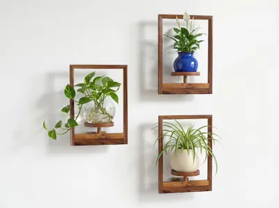Produktbild von Pflanzenständer, Hängeampel für Zimmerpflanzen, 3-teiliges Set, Wandblumenständer, Blumenständer aus Holz, Wandregal aus Holz für Wohnzimmer und Büro