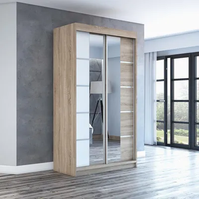 Produktbild von Schwebetürenschrank Kleiderschrank ERA 120 cm Schrank Garderobe Spiegel.Verschiedene Farben (Weiß, Schwarz, Somona). Möbel vom Hersteller!