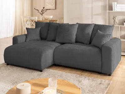 Produktbild von Calma - Komfortables Ecksofa im Bumpy-Design mit Schlaffunktion und Bettkasten aus weichem Grau Chenille-Stoff