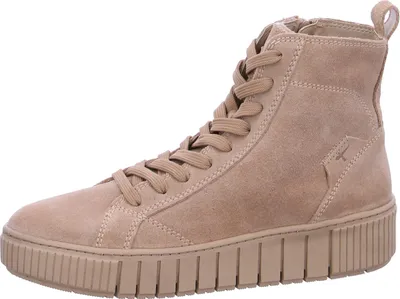 A single beige high-top sneaker is shown against a white background.