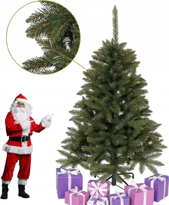 Santa Claus standing next to a Christmas tree with gifts underneath.