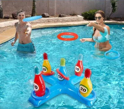 Produktbild von Ibenzoa® Aufblasbares Pool-Spielset – Komplett für Kinder & Erwachsene: schwimmender Basketballkorb, Ball, Bowlingkreuz, 7 Ringe, Strandball, verstärktes ungiftiges PVC