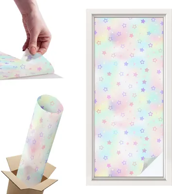 Obrázek produktu pro Vitrážová fólie na okna - 116x50 cm - Vitrážová fólie na okna, dekorativní a neprůhledná - Samolepicí dekorativní fólie na sklo s vitrážovým vzorem - UV ochrana, snadná instalace, dekorace oken - Duhový vzor