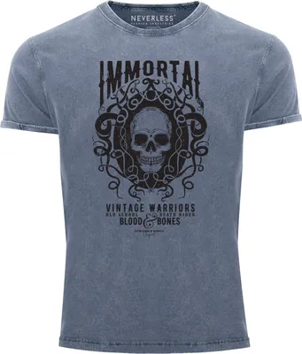 Produktbild von Neverless® Herren T-Shirt Vintage Shirt Printshirt Immortal Skull Vintage Warriors Totenkopf Aufdruck Used Look Slim Fit blau S