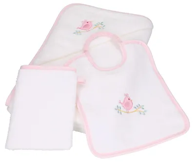 Produktbild von Betz 3tlg Kapuzentuch 85x85 cm Babyset VÖGELCHEN 100% Baumwolle 1 Kinder Badetuch 1 Lätzchen 1 Waschhandschuh Baby Farbe - weiß-rosé