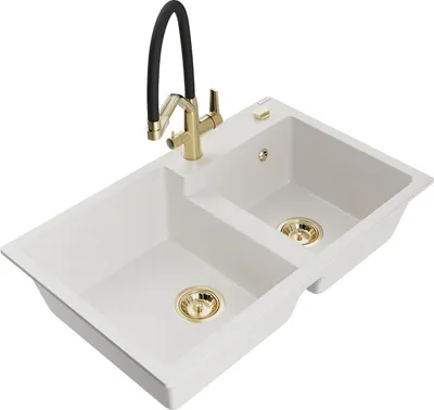 Produktbild von Mexen Tomas 2-Becken-Granitspüle mit Mischbatterie Duo, Weiß - 6516-20-671701-57-G