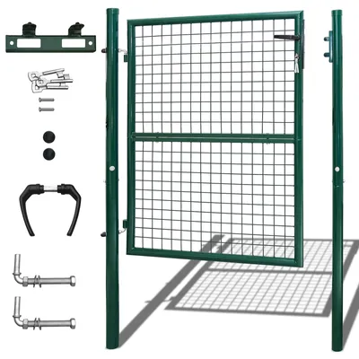 A green metal garden gate and its hardware components are laid out on a white background.