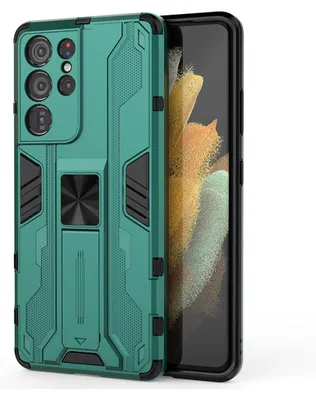 Produktbild von Galaxy S21 Ultra 5G Hülle, Dual Layer PC TPU Bumper Stoßfest Ständer Schutzhülle für Samsung Galaxy S21 Ultra 5G Grün