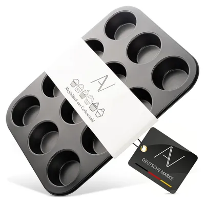 Image de AVANA Plaque à muffins en acier au carbone pour 12 muffins Revêtement antiadhésif Moule à muffins Acier Plaque à cupcakes Moule à muffins Plaque à muffins Noir