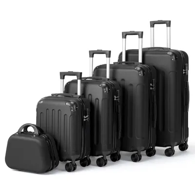Image de Ensemble de valises rigides ABS FCH, 5 pièces, tailles 12/16/20/24/28 pouces, valise à roulettes avec 4 roues et poignée de transport, protections d'angle, poignée télescopique, couleur noire