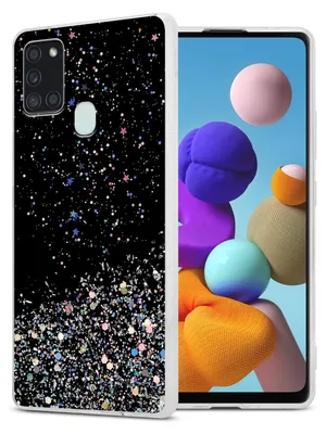 A phone case with a glittery black design is shown next to a smartphone displaying colorful abstract shapes.