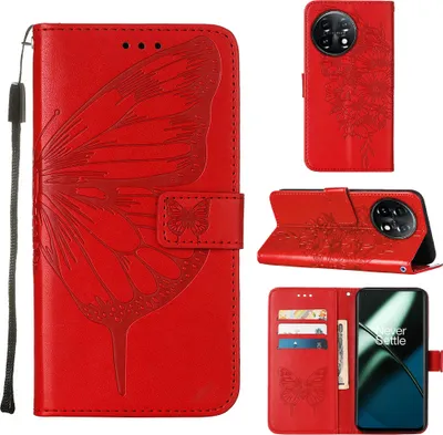 Produktbild von Lederhülle für OnePlus 11 Schmetterling Prägung Flip Ledertasche Kartenfächer Handyhülle mit Ständer Rot