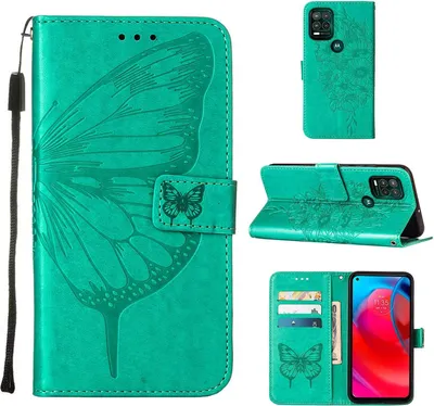 Produktbild von Moto G Stylus 5G 2021 Hülle, Schmetterling Prägung Flip Leder Kartenfächer Schutzhülle Ledertasche mit Ständer für Motorola Moto G Stylus 5G 2021 Grün