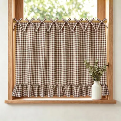 Produktbild von Scheibengardine Buffalo Plaid Landhausstil mit Rüschen Kurzgardine Bistrogardine für Küche Schlafzimmer Wohnmobil Esszimmer, Braun, B77xH55cm