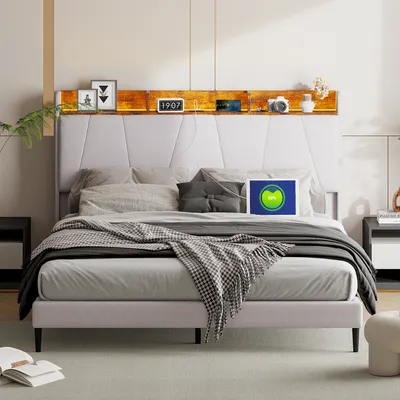 Produktbild von ProximaX Polsterbett 140x200 cm – Doppelbett mit USB, LED, Stauraum & Steckdosen – Leinen