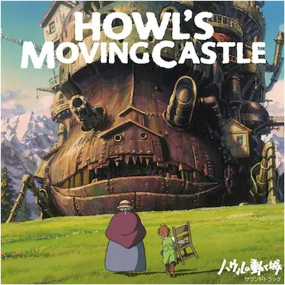 A scene from the animated movie Howl's Moving Castle, featuring the titular castle and two characters in a grassy field.