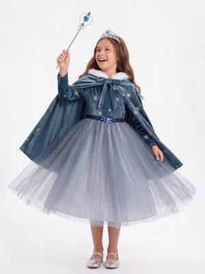 Produktbild von Samt Kinder Prinzessinnenkleid mit Umhang Diadem Zauberstab Blau Eis, Größe: 98/104 Farbe: Eisblau