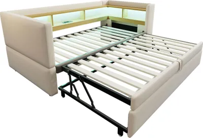 Immagine prodotto di Fortuna Lai Letto imbottito Divano letto estraibile 90/180*190 cm, dotato di luci a LED, prese di corrente e numerosi vani portaoggetti, letto imbottito, divano letto multifunzionale, letto singolo, beige.