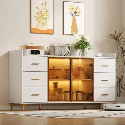 Produktbild von Sideboard mit LED-Beleuchtung und 6 Schubladen Buffetschrank Küchenschrank für Küche 160×44×87cm Weiß