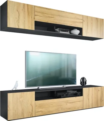 Produktbild von Vladon Wohnwand Mogan, Schwarz matt/Eiche Natur - Moderne Anbauwand bestehend aus 2 TV-Boards (181 x 147 x 35 cm)