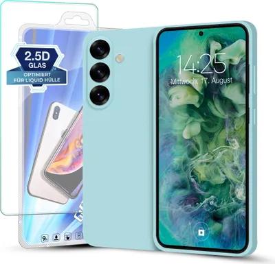 Produktbild von Hülle für Samsung Galaxy S25 mit 9H Displayglas Displayschutz Plus Case Cover Bumper Silikon Softgrip Schutzhülle Farbe: Hellblau
