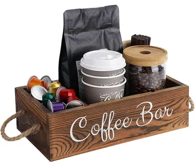 Image de Organisateur en bois pour station de café : rangement pour dosettes et accessoires, avec poignée