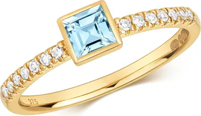 Produktbild von Solitärring für Damen, 375/1000 Gold, mit brillantgeschliffenem Diamanten (0,10 Karat) und Aquamarin, Ringgröße 54 (17,2); Artikelnummer: TRS32275RSN