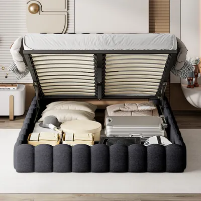 Immagine prodotto di Letto imbottito 160x200 cm, letto singolo con contenitore e rete a doghe, testata a LED con funzione di ricarica USB, letto contenitore Letti funzionali Struttura letto con schienale
