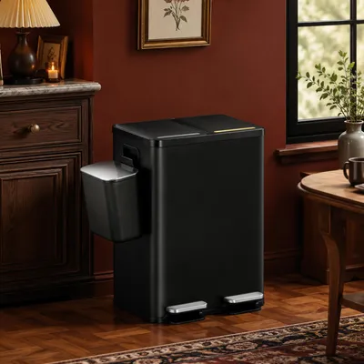 Produktbild von Mülleimer Küche, 2 x 30 L+7 L, Mülltrennsystem 2 Fächer mit 7 L Komposteimer, Abfalleimer mit Soft-Close-Deckel und Pedal, Inneneimer Herausnehmbar, E