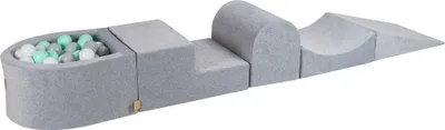 Image de MeowBaby Aire de jeux en mousse 4 éléments avec petit bain de balles, 100 balles, 57x45x30cm, velours, gris clair : blanc, gris, menthe