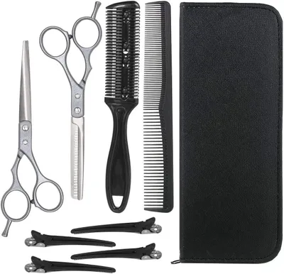 Imagen del producto de Juego de tijeras de peluquería 8 en 1, tijeras profesionales de acero inoxidable, tijeras para cortar el cabello, peine de entresacar, pasadores para el cabello, ideales para salones de belleza, peluquerías o uso doméstico, color azul