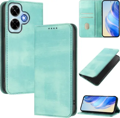 Produktbild von Handyhülle für Xiaomi Redmi Note 13 4G, Vintage Leder RFID Schutz Kartenfach Standfunktion Magnetische Klapphülle Türkis