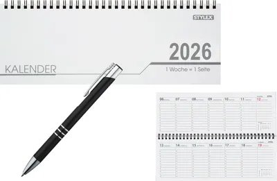 A desk calendar for 2026 and a pen are shown against a white background.