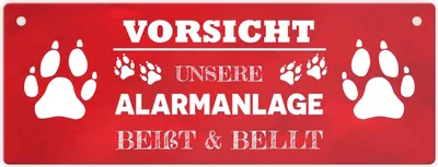 Produktbild von Vorsicht unsere Alarmanlage beißt & bellt Metallschild in Rot