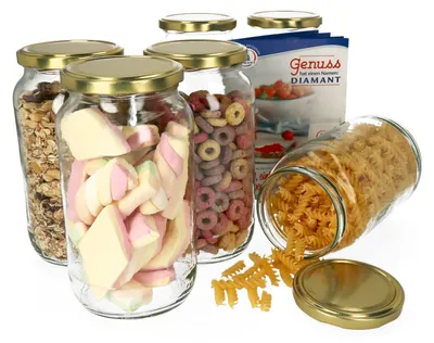Several glass jars filled with food items like cereal, marshmallows, and pasta, with a box in the background.