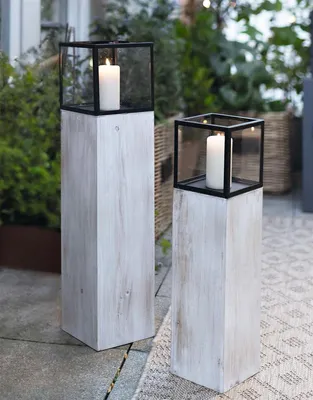 Produktbild von 2x Windlichtsäule "Modern Shabby" aus Holz, Metall & Glas, 60 + 78 cm hoch, Kerzenhalter, Kerzenständer, Dekosäule für Wohnzimmer, Holzsäule mit Kerzenglas