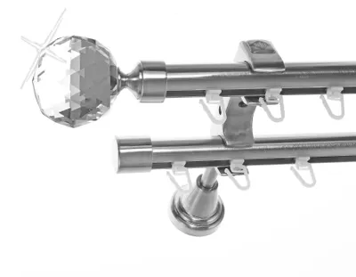 Produktbild von Innenlauf Edelstahl Look Gardinenstange 20mm Wandträger 2-läufig Kristall Kugel H60 E87E30 II