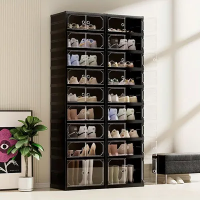 Image de 1 haut 8 bas 9 étages Boîtes à chaussures pliantes ,Boîtes en plastique,Rangement pour chaussures ,Organisateur à chaussures avec porte pour 18 paires,Porte-chaussures noir.