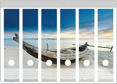 Produktbild von Wallario Ordnerrücken Sticker, selbstklebend für breite Ordner, 6 Stück, Motiv Fischerboot am Strand mit Sonnenuntergang