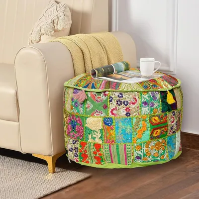 Imagen del producto de Puf con funda patchwork, 45x45x30 cm, color verde claro, para el hogar