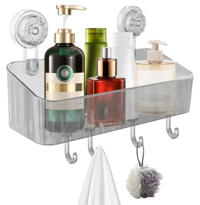 Imagen del producto de Estante para ducha con ventosa, 4 ganchos, sin necesidad de taladrar, para colgar, organizador de baño