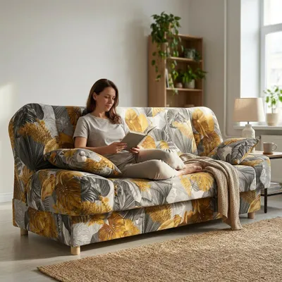 Produktbild von Schlafsofa SARA Poly – Modernes Design, Webstoff in Grau-Gold, Family Meble, KI-generiertes Bild
