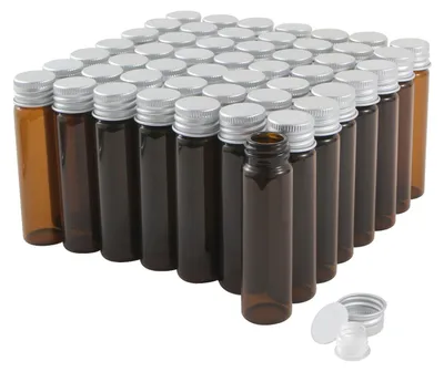 Image de 20 ml, bouteilles en verre ambrées avec bouchons à vis - 50 pièces. Bouteilles conformes aux normes alimentaires