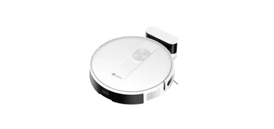A white robot vacuum cleaner with a black base is shown against a white background.